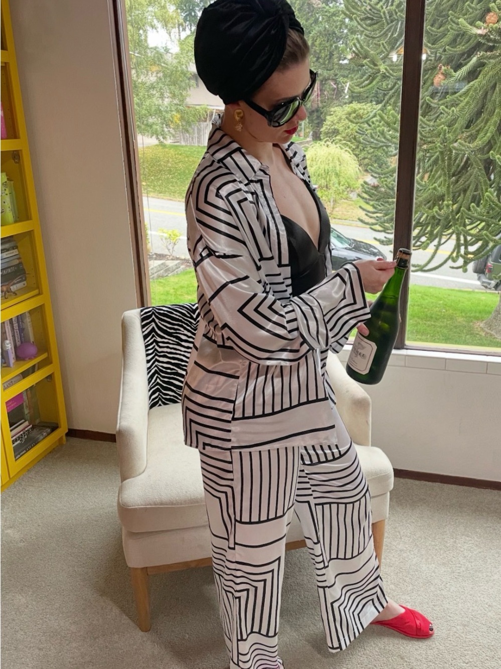 Geometric Stripe Satin Shirt and Pants Set